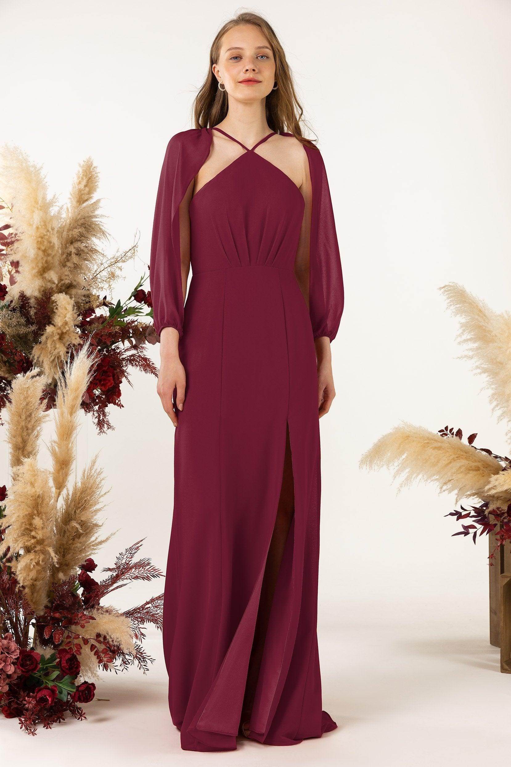 Sheath Sweep-Brush Train Chiffon Bridesmaid Dress CB0469 - COCOMELODY